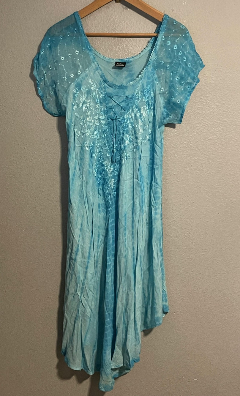 Fashion Force Womens Dress One Size Blue Tie Dye Embroider Boho Asymmetric READ